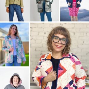 Collage of handmade fall jackets including quilted, patchwork, and sweatshirt-based styles made by sewing enthusiasts
